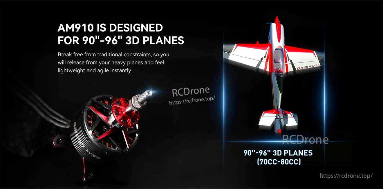 T-Motor AM910 red and black brushless motor for 90–96 inch 3D planes, shown beside RC aerobatic aircraft