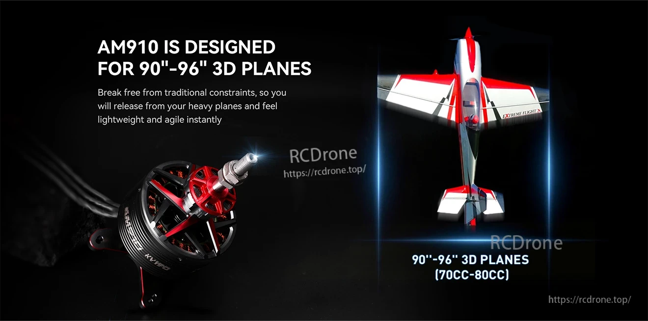 T-Motor AM910 brushless motor for RC aircraft, labeled for 90–96 inch 3D planes (70cc–80cc)