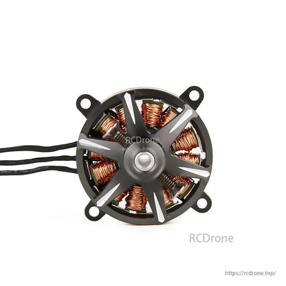 T-Motor brushless outrunner motor with exposed copper windings, mounting tabs, and attached power leads