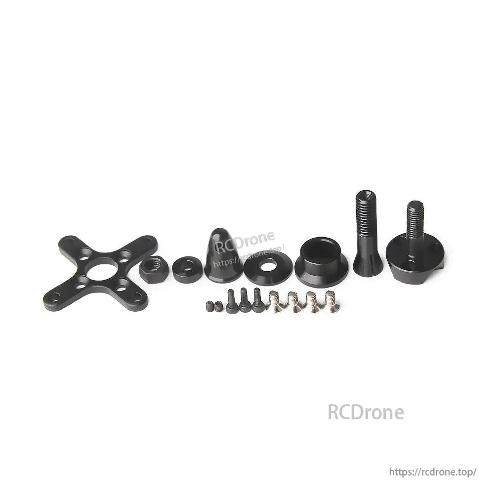 Black T-Motor mounting hardware kit with X-style plate, screws, nuts, washers, and threaded adapters
