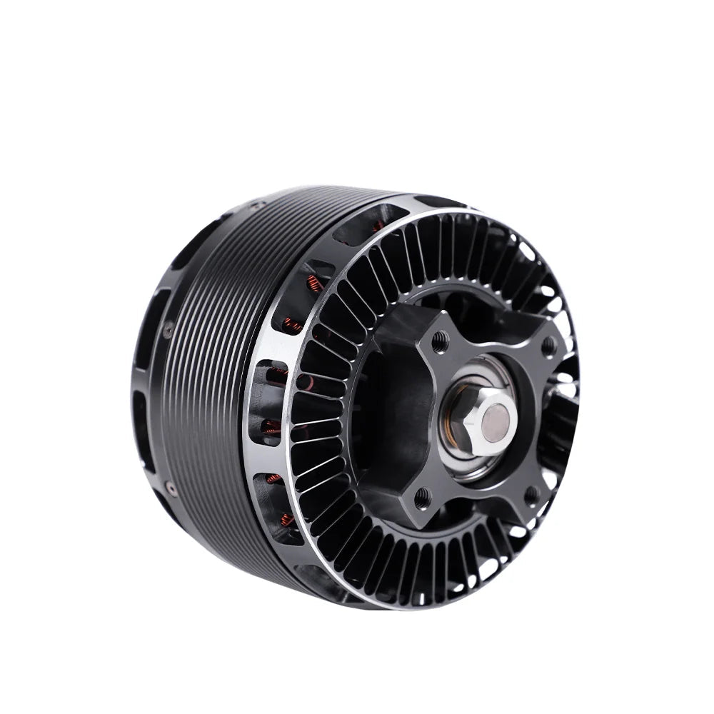 T-Motor brushless motor with finned aluminum housing, exposed copper windings, and central mounting hub