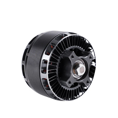 T-Motor brushless motor with finned aluminum housing, exposed copper windings, and central mounting hub