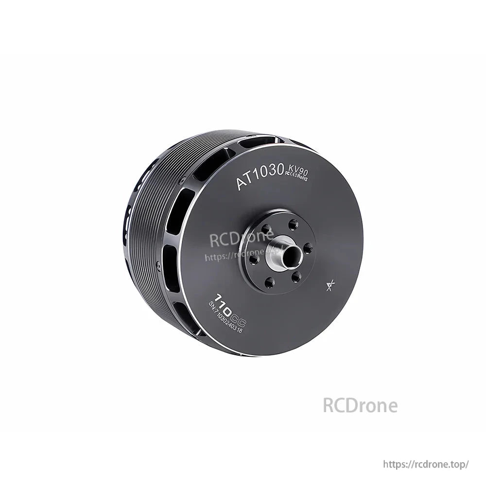 T-Motor AT1030 KV90 brushless drone motor with black housing, cooling vents, and front mounting hub