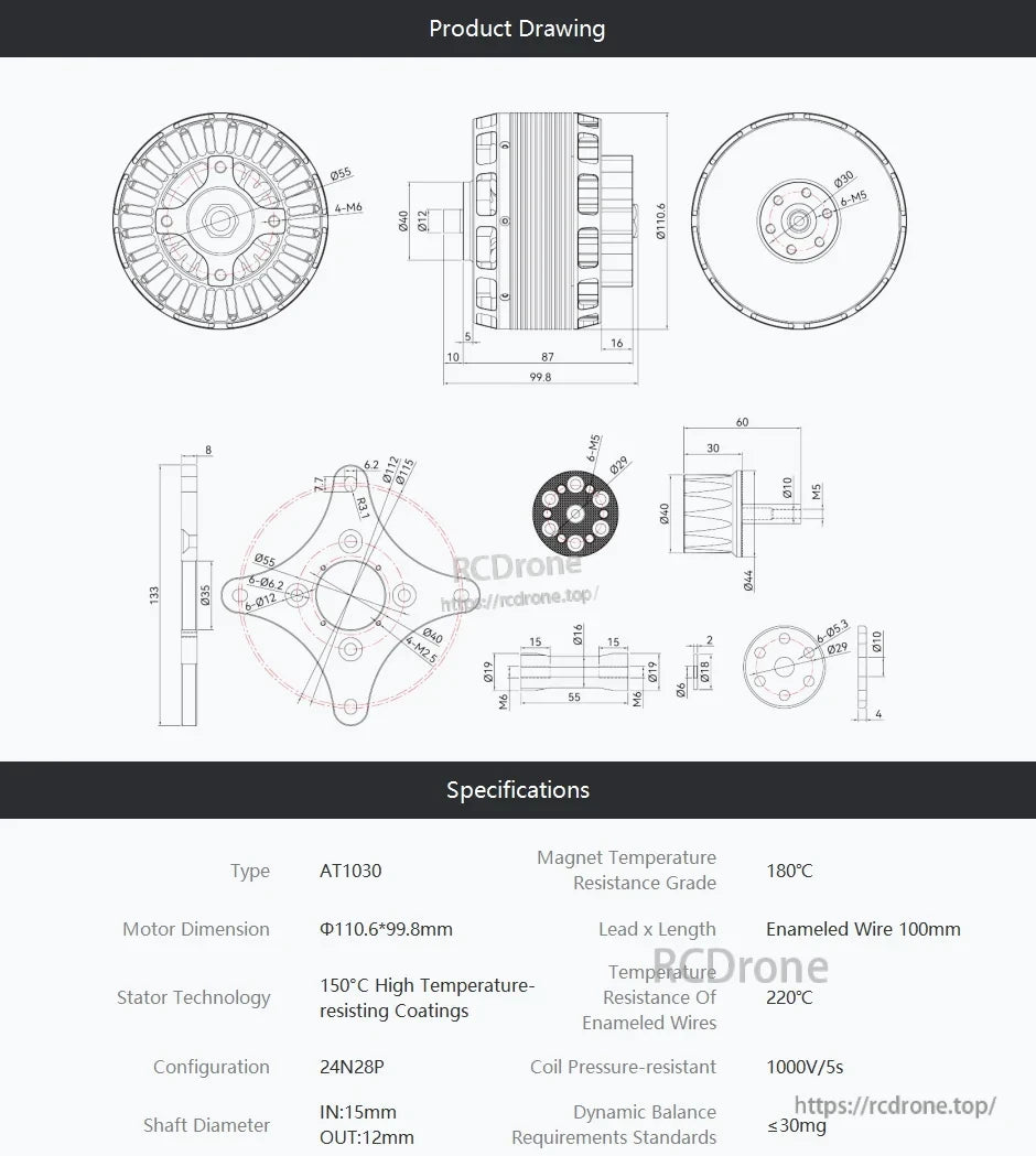 T-Motor AT1030 motor technical drawing with dimensions (110.6×99.8 mm) and mounting hole patterns