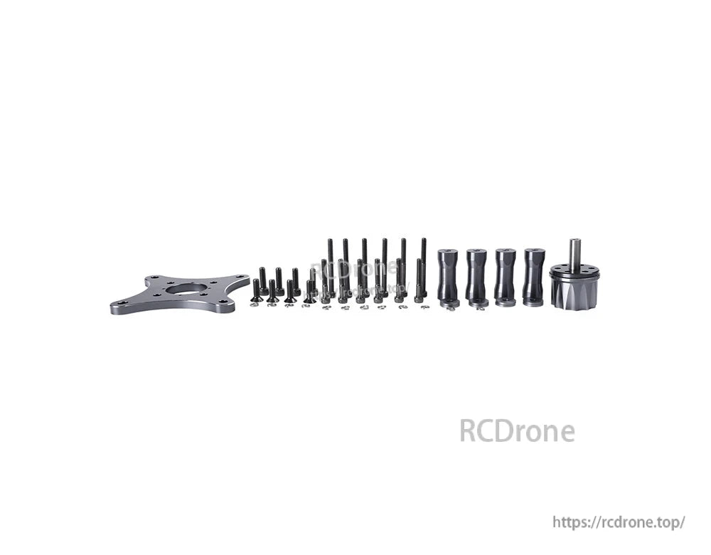 T-Motor mounting hardware kit with metal plate, assorted screws, standoffs, and a small motor component
