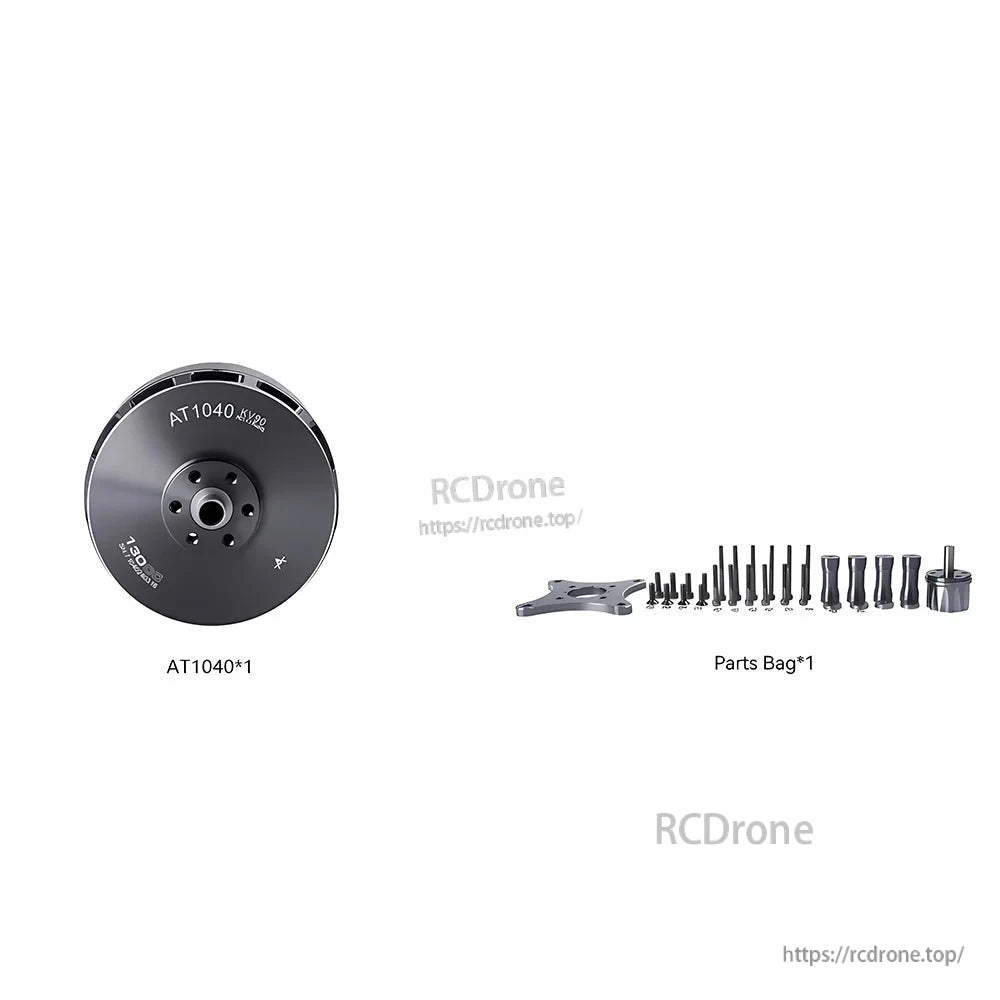 T-Motor AT1040 brushless drone motor with mounting plate, screws, standoffs, and hardware parts bag