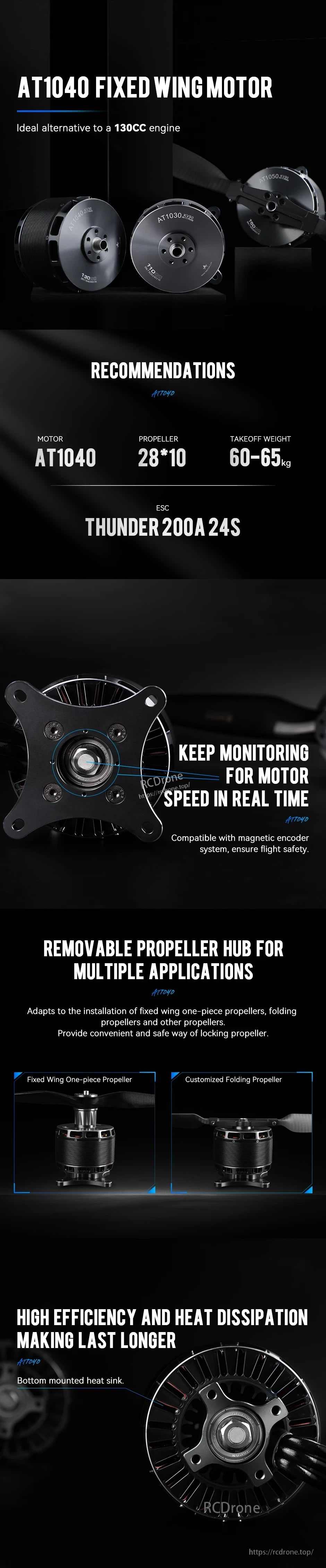 T-Motor AT1040 fixed wing motor with removable prop hub, recommended 28x10 prop and Thunder 200A 24S ESC