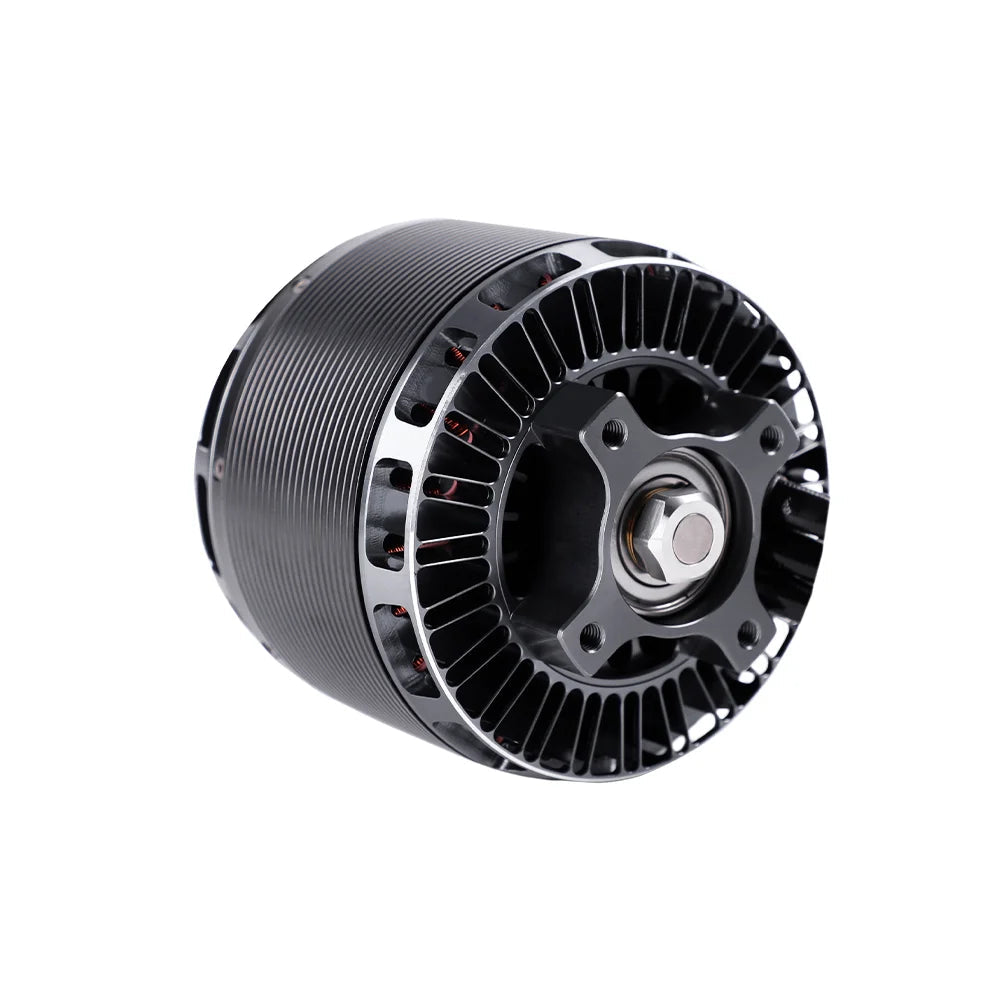 T-Motor brushless motor close-up with black ribbed housing, cooling vents, and front mounting plate