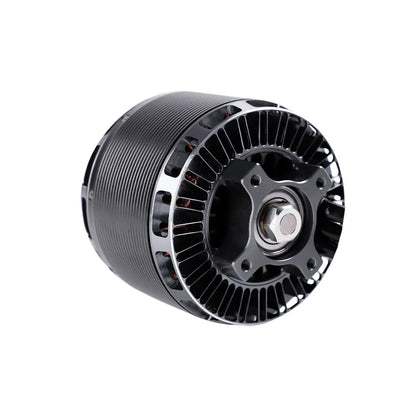T-Motor brushless motor close-up with black ribbed housing, cooling vents, and front mounting plate