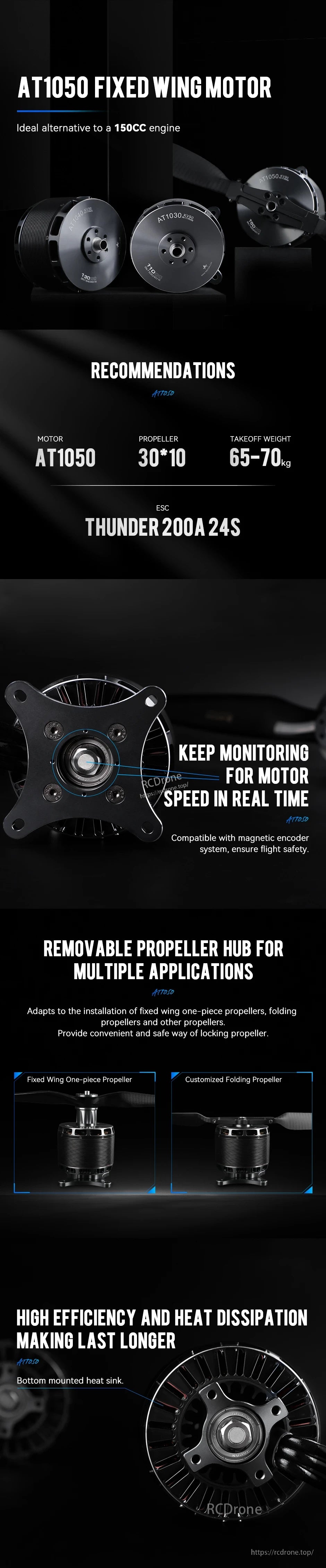 T-Motor AT1050 fixed wing motor promo showing motor, removable prop hub, and recommendations for 30×10 prop