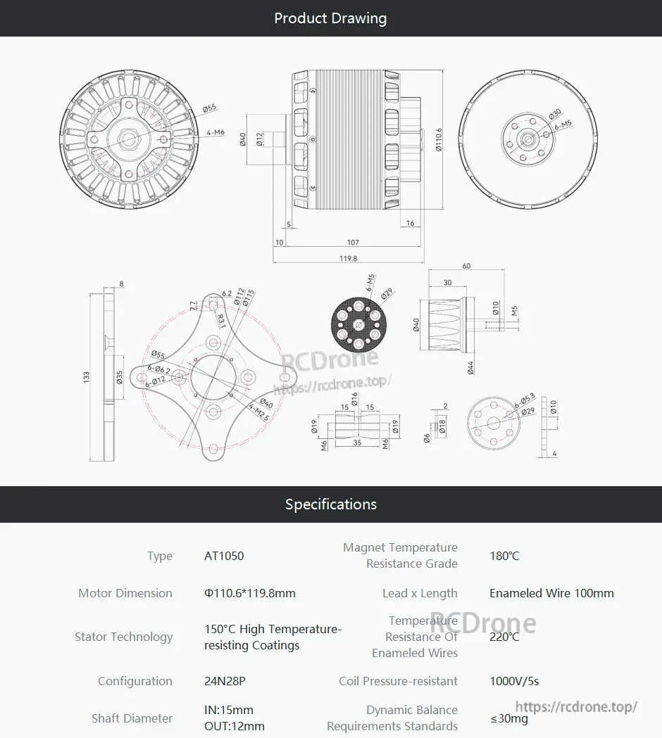 T-Motor AT1050 motor dimension drawing with mounting pattern, shaft details, and key specs table