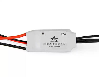 T-Motor AT12A Fixed Wing ESC, T-Motor AT12A 12A fixed wing ESC in white heatshrink with 2–3S LiPo and 5V 2A BEC label