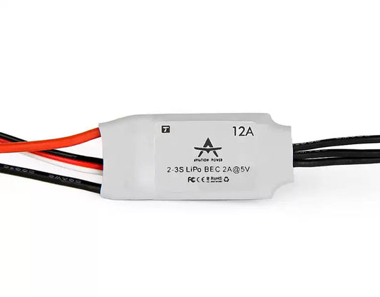 T-Motor AT12A Fixed Wing ESC, T-Motor AT12A 12A fixed wing ESC in white heatshrink with 2–3S LiPo and 5V 2A BEC label