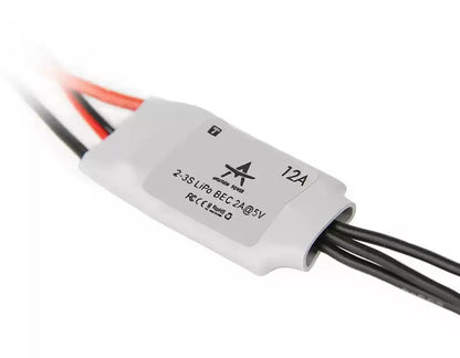 T-Motor AT12A Fixed Wing ESC, T-Motor AT12A 12A fixed wing ESC with 2–3S LiPo support and 5V 2A BEC, wrapped in white heatshrink