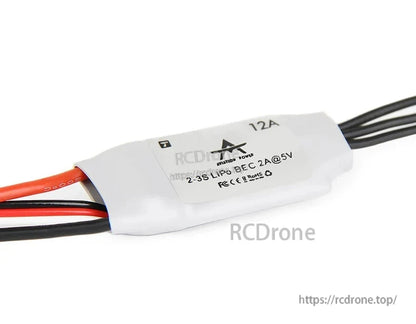 T-Motor AT12A Fixed Wing ESC, T-Motor AT12A 12A fixed wing ESC in white heatshrink with 2–3S LiPo and 5V 2A BEC label