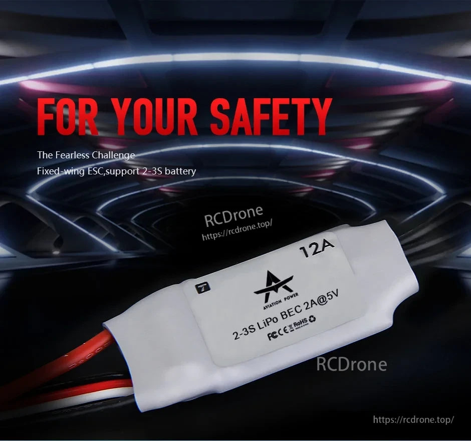T-Motor AT12A fixed wing ESC in white heatshrink, labeled 12A, 2–3S LiPo and BEC 2A@5V
