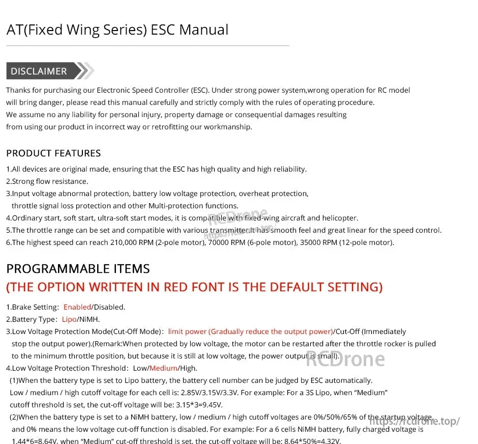 T-Motor AT12A Fixed Wing ESC, AT Fixed Wing Series ESC manual page with disclaimer, product features, and programmable items like brake and battery type
