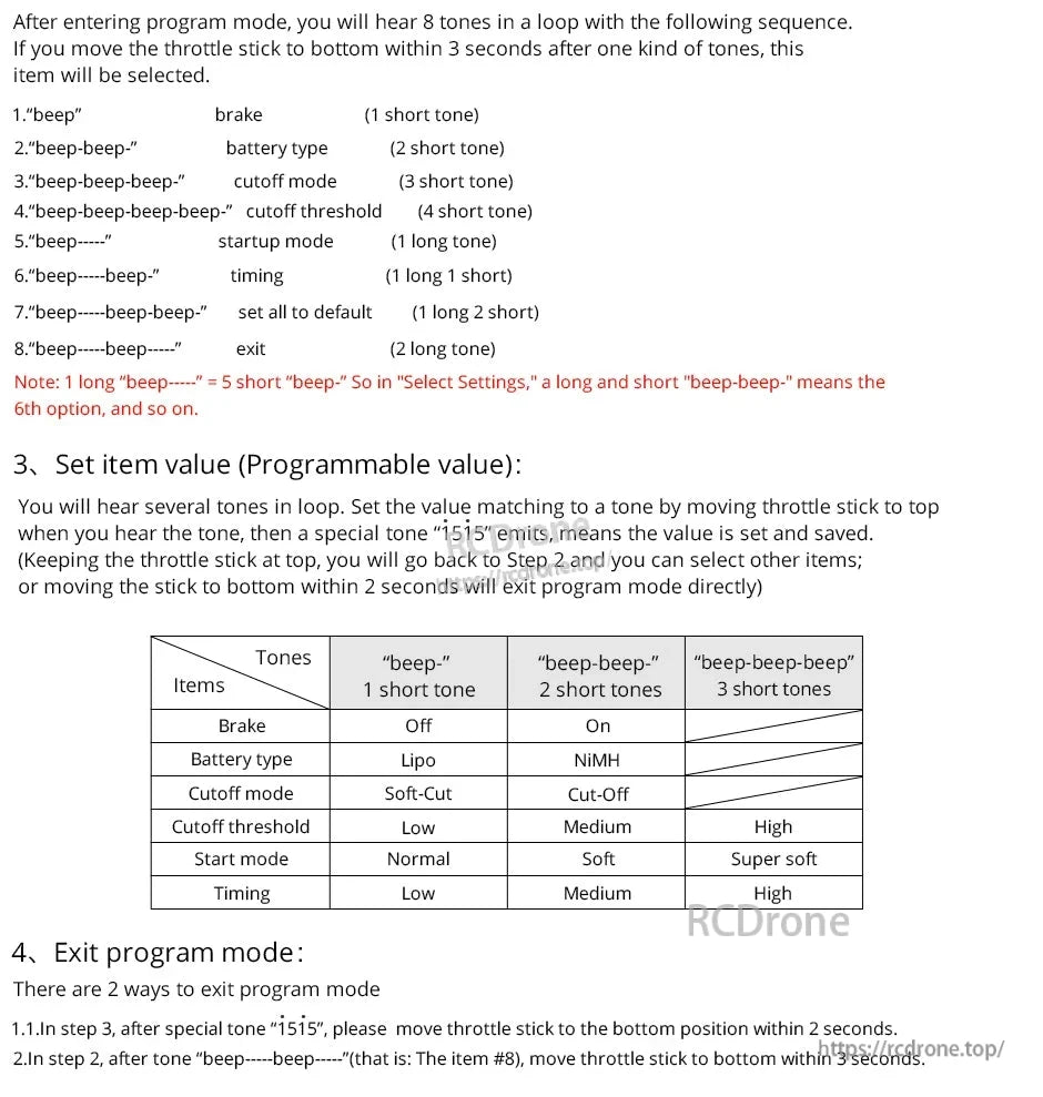T-Motor AT12A fixed wing ESC programming guide with beep tone menu and settings table for brake, battery, cutoff, timing