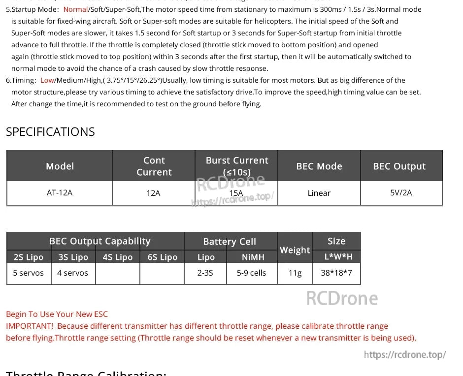 T-Motor AT12A Fixed Wing ESC, T-Motor AT-12A fixed wing ESC specifications table with 12A continuous, 15A burst, and 5V/2A linear BEC