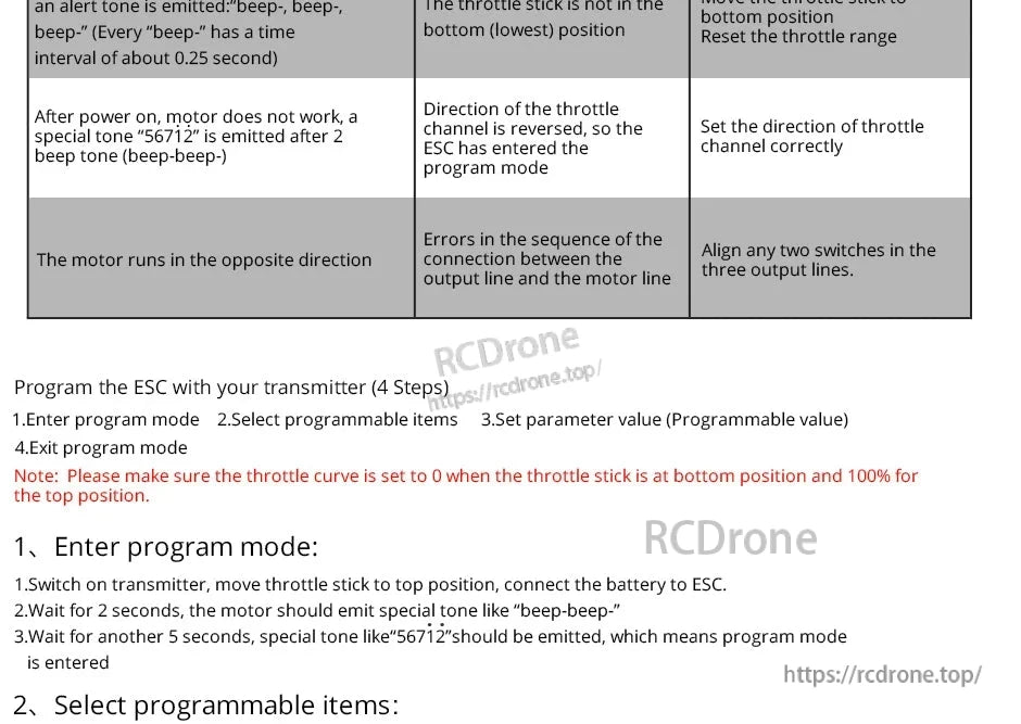 T-Motor AT12A fixed wing ESC manual page with transmitter programming steps and troubleshooting beep codes