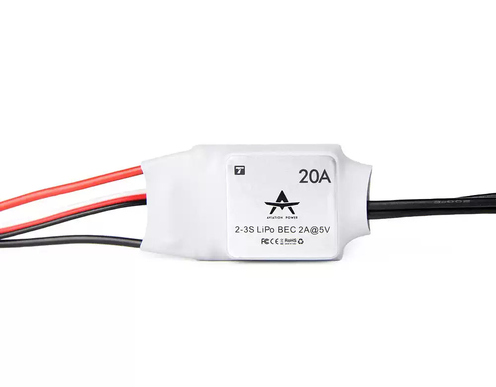 T-Motor AT20A Electronic Speed Controller (ESC, 20A brushless ESC in white heat-shrink with 2–3S LiPo input and 5V 2A BEC, with attached power and signal leads
