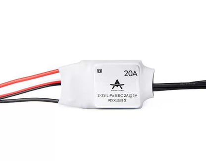 T-Motor AT20A Electronic Speed Controller (ESC, 20A brushless ESC in white heat-shrink with 2–3S LiPo input and 5V 2A BEC, with attached power and signal leads