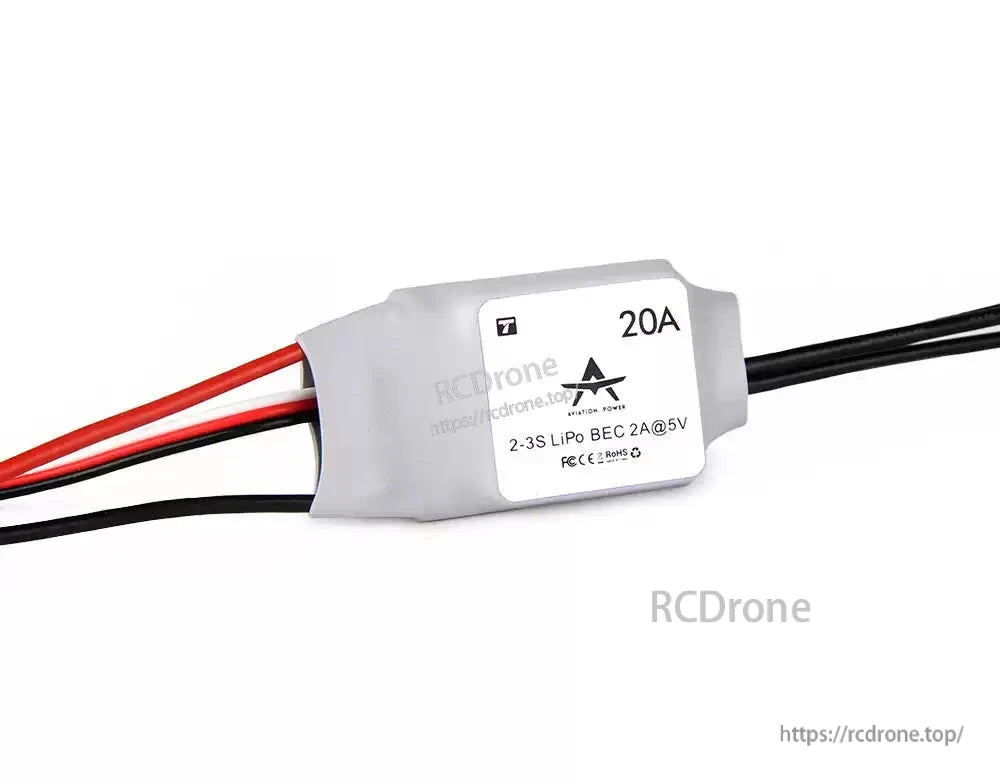 T-Motor AT20A Electronic Speed Controller (ESC, 20A electronic speed controller (ESC) with heatshrink case, 2–3S LiPo BEC 2A@5V label and attached wires