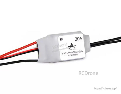 T-Motor AT20A Electronic Speed Controller (ESC, 20A electronic speed controller (ESC) with heatshrink case, 2–3S LiPo BEC 2A@5V label and attached wires