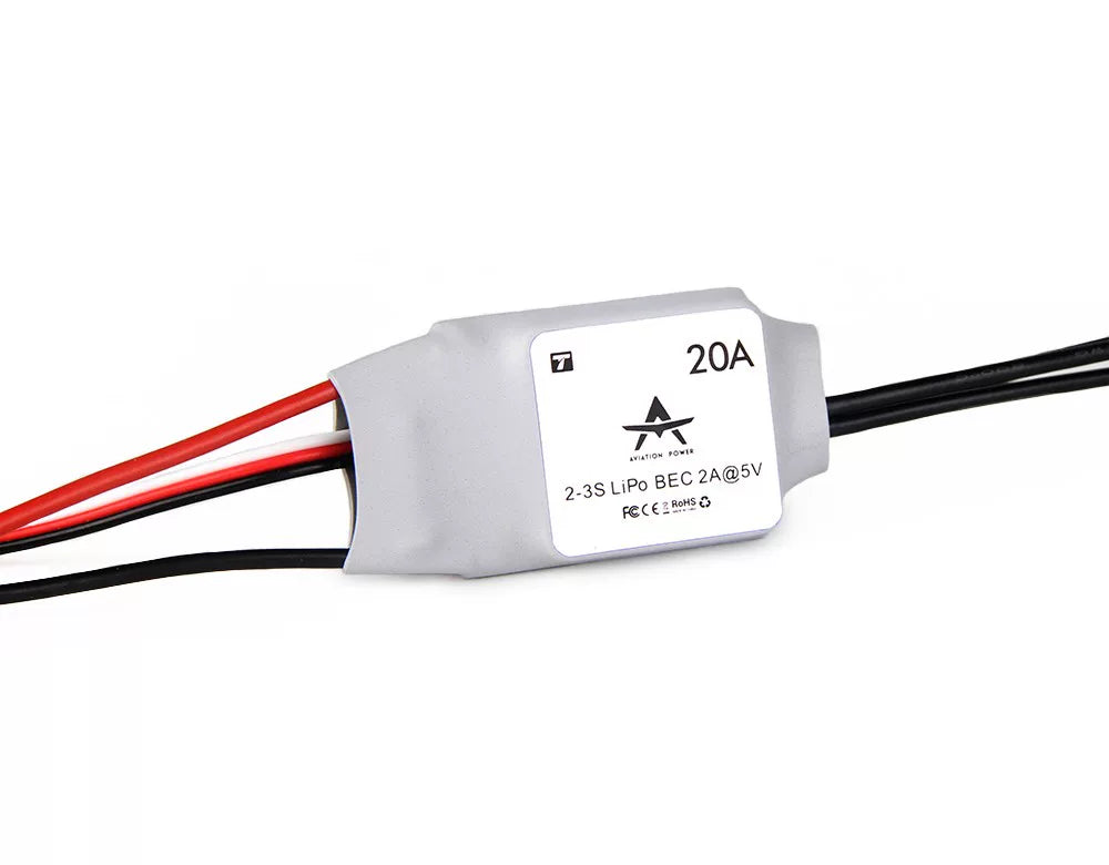 T-Motor AT20A Electronic Speed Controller (ESC, 20A brushless electronic speed controller with heat-shrink case and labeled 2–3S LiPo BEC 2A@5V wiring leads