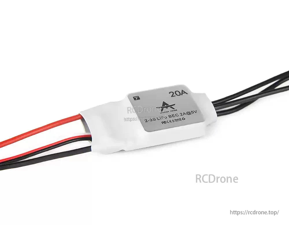 T-Motor AT20A Electronic Speed Controller (ESC, T-Motor AT 20A electronic speed controller with 2–3S LiPo support and 5V 2A BEC, wired leads