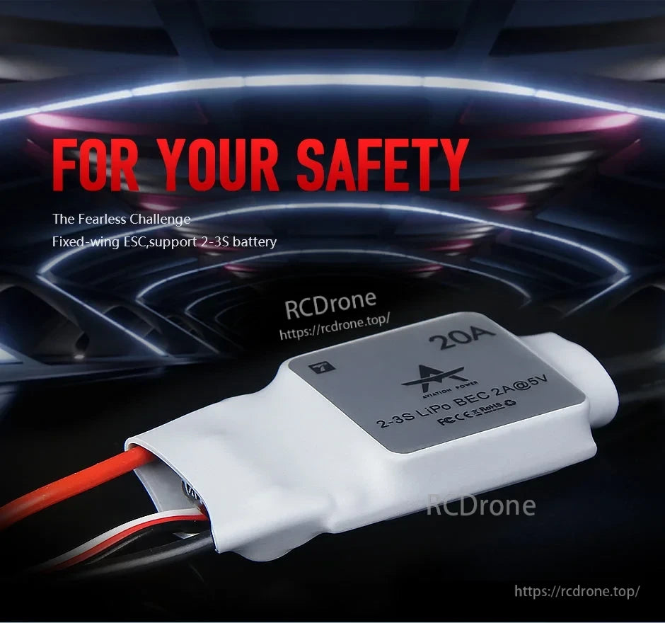 T-Motor AT20A Electronic Speed Controller (ESC, T-Motor AT20A 20A electronic speed controller with 2–3S LiPo input and 5V 2A BEC label