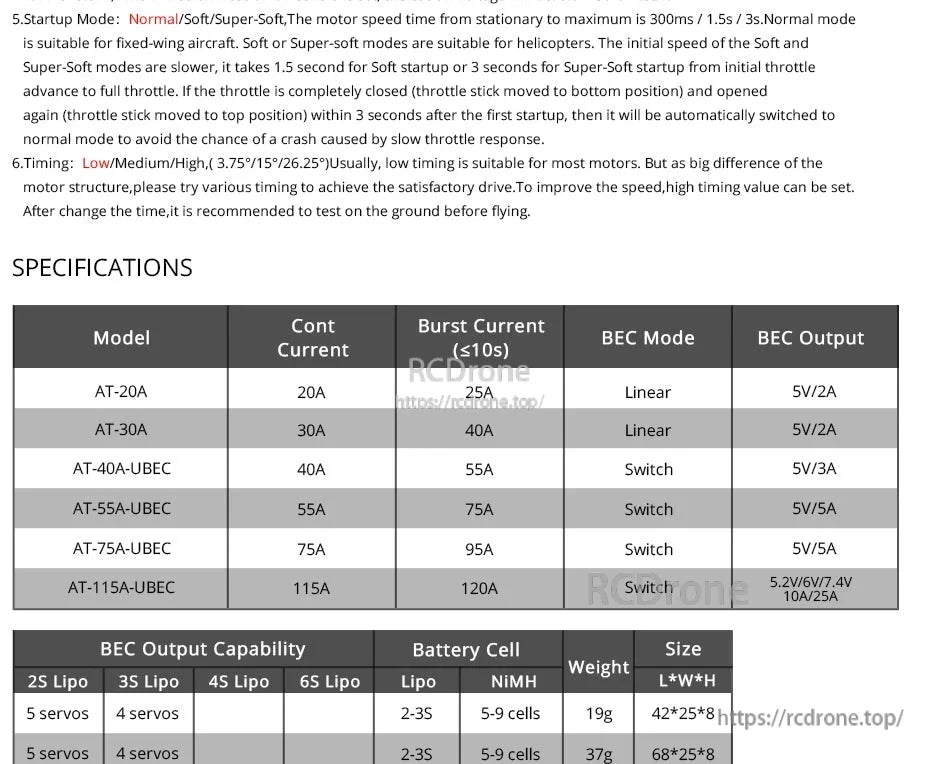 T-Motor AT20A Electronic Speed Controller (ESC, T-Motor AT-20A ESC specifications table showing 20A continuous, 25A burst (≤10s), and 5V/2A linear BEC output