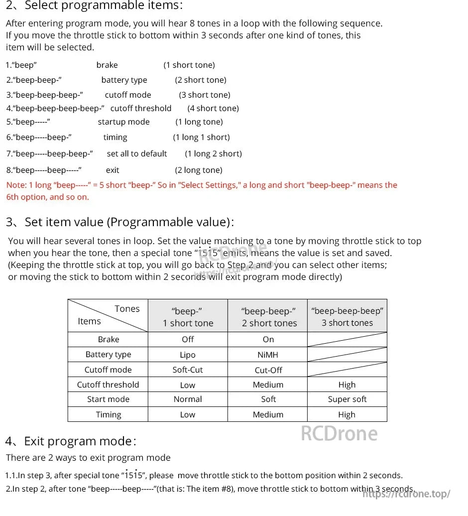T-Motor AT20A Electronic Speed Controller (ESC, T-Motor AT20A ESC programming guide with beep-tone menu for brake, battery type, cutoff mode, start mode, and timing