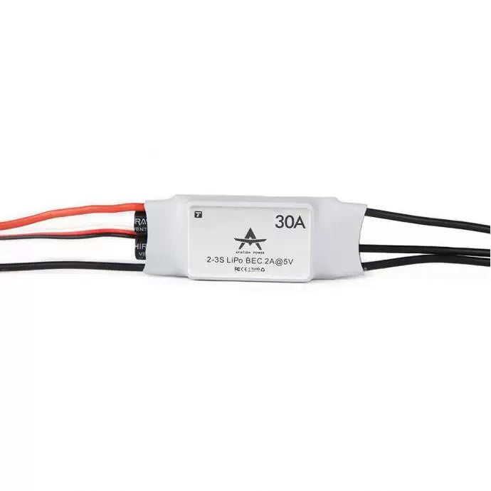 T-Motor AT30A ESC, T-Motor AT30A 30A ESC with 2–3S LiPo input and 2A 5V BEC, shrink-wrapped with input/output wires