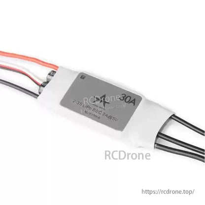 T-Motor AT30A ESC, T-Motor AT30A 30A ESC with heat-shrink case, input/output wires, and label showing 2–3S LiPo and BEC 2A@5V