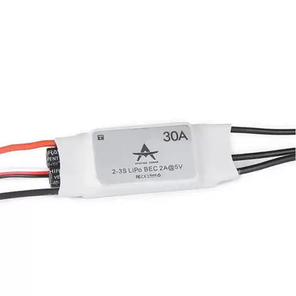 T-Motor AT30A ESC, T-Motor AT30A 30A brushless ESC with white heat-shrink case, 2–3S LiPo support and 5V 2A BEC leads