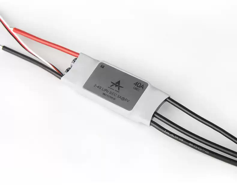 T-Motor AT40A ESC, T-Motor AT40A 40A brushless ESC in heatshrink with wired leads, labeled 2–4S LiPo BEC 4A at 5V