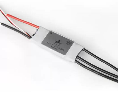 T-Motor AT40A ESC, T-Motor AT40A 40A brushless ESC in heatshrink with wired leads, labeled 2–4S LiPo BEC 4A at 5V