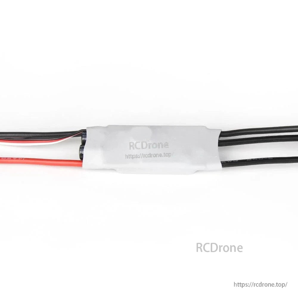 T-Motor AT40A ESC, T-Motor AT40A inline ESC in white heat-shrink with red/black battery leads, signal plug, and three motor wires