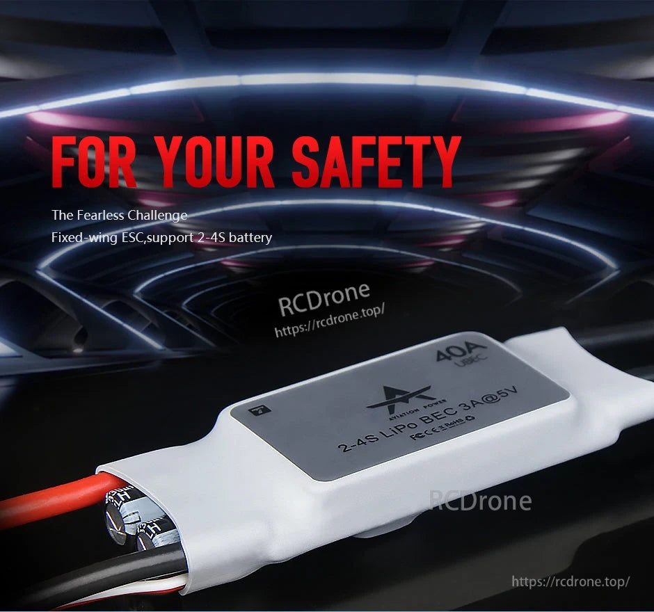 T-Motor AT40A ESC, T-Motor AT40A fixed-wing ESC with 40A label, 2–4S LiPo support and BEC 3A@5V on the casing