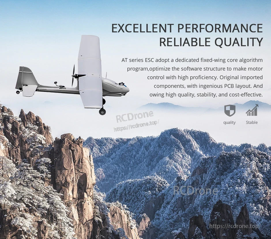 T-Motor AT40A ESC, Promotional graphic for T-Motor AT series ESC with fixed-wing airplane and “Excellent Performance Reliable Quality” text