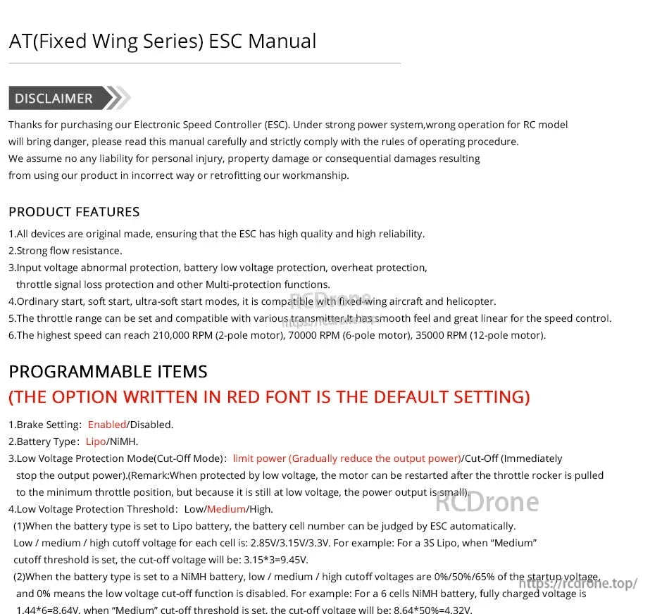 T-Motor AT40A ESC manual page listing fixed-wing ESC product features and programmable settings like brake and LiPo/NiMH.