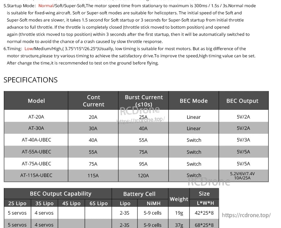 T-Motor AT40A ESC, T-Motor AT series ESC specifications table showing AT-40A-UBEC 40A continuous, 55A burst, 5V/3A switch BEC