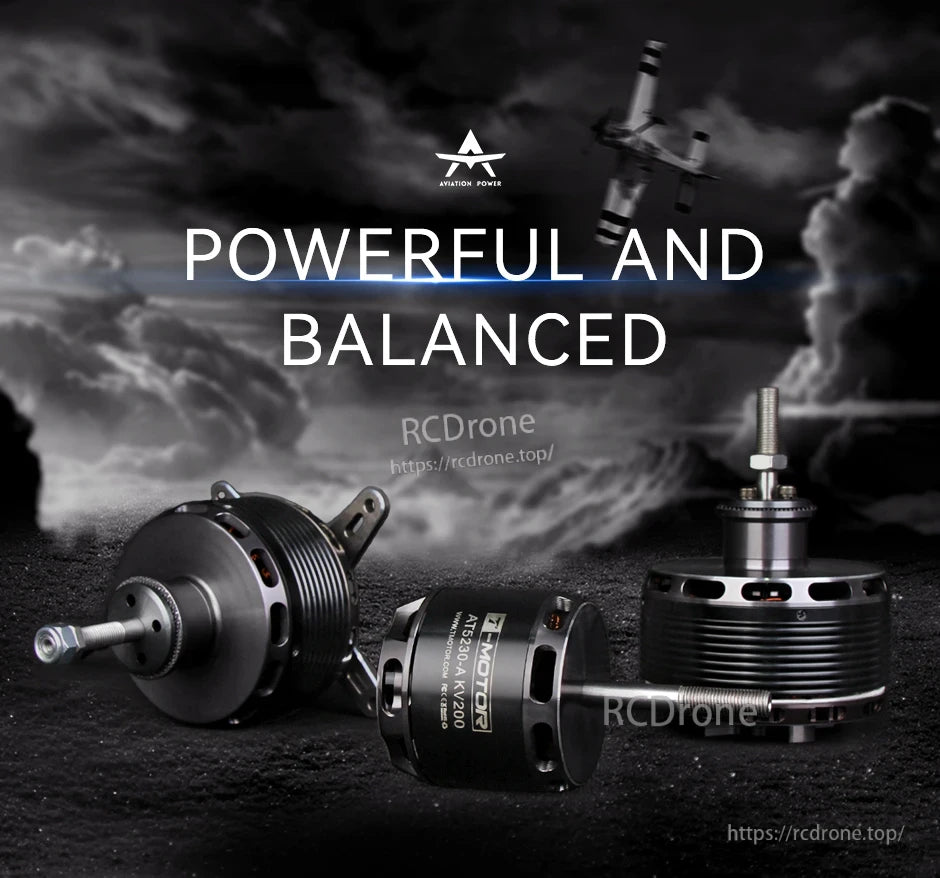 T-Motor AT5230-A KV200 brushless motors with vented metal housings, mounting tabs, and threaded shafts