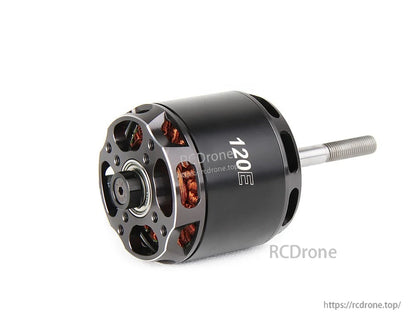 T-Motor 1202E brushless outrunner motor with black housing, copper windings, and threaded shaft