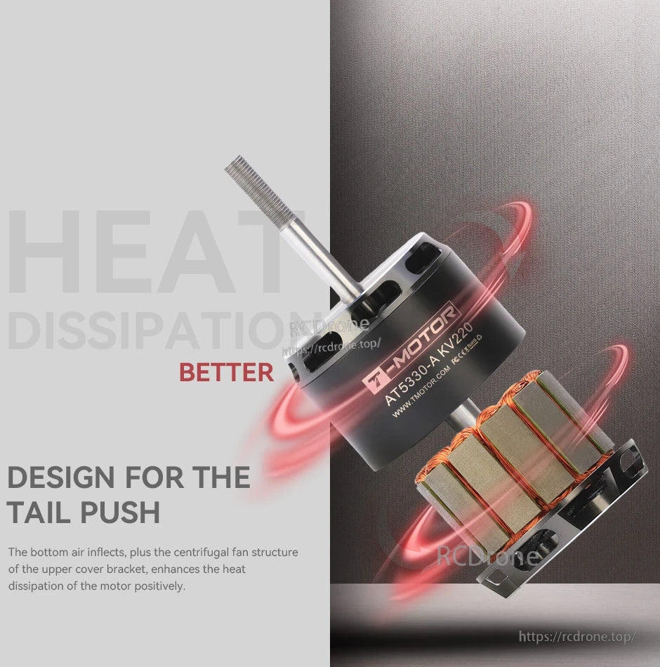 T-Motor AT5330-A KV220 brushless motor with long threaded shaft, vented housing, and exposed stator windings