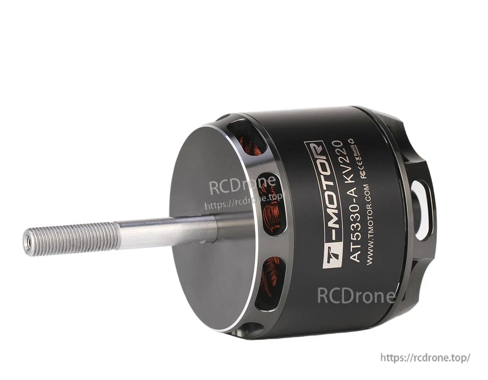 T-Motor AT5330-A KV220 brushless outrunner motor with black housing, side vent slots, and long threaded shaft