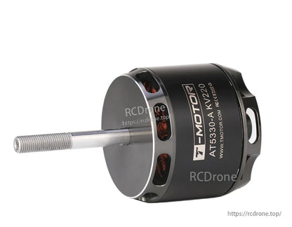 T-Motor AT5330-A KV220 brushless outrunner motor with black housing, side vent slots, and long threaded shaft