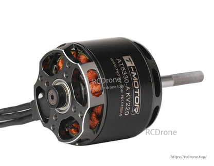 T-Motor AT5330-A KV220 brushless outrunner motor with open-frame housing, copper windings, and long shaft