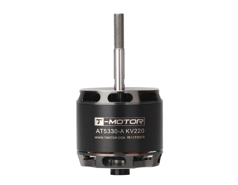 T-Motor AT5330-A KV220 brushless motor with long threaded shaft and black housing